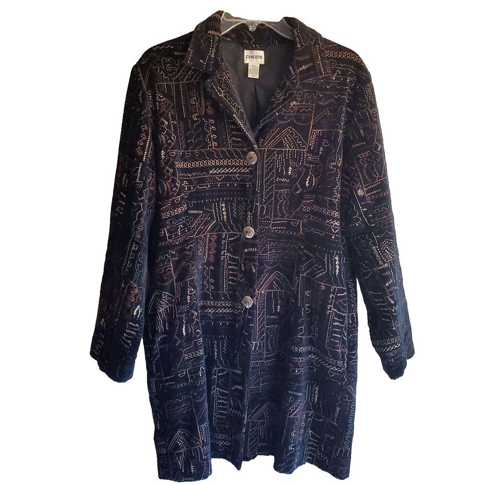 Chico’s 1 Embroidered Velvet Jacket Women’s Boho Artsy Button Front Black 8